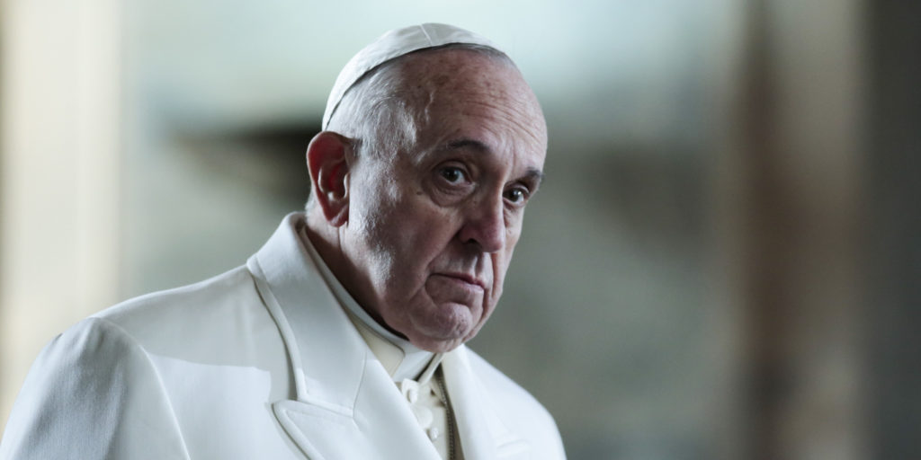 Pope Francis leaves after laying a wreath at the grave site of the Turkish republic founder, Mustafa Kemal Ataturk, inside the Ataturk Mausoleum in Ankara, Friday, Nov. 28, 2014. Pope Francis arrived in Turkey on Friday at a sensitive moment for the Muslim nation, as it cares for 1.6 million refugees and weighs how to deal with the Islamic State group as its fighters grab chunks of Syria and Iraq across Turkey's southern border. (AP Photo/Markus Schreiber)